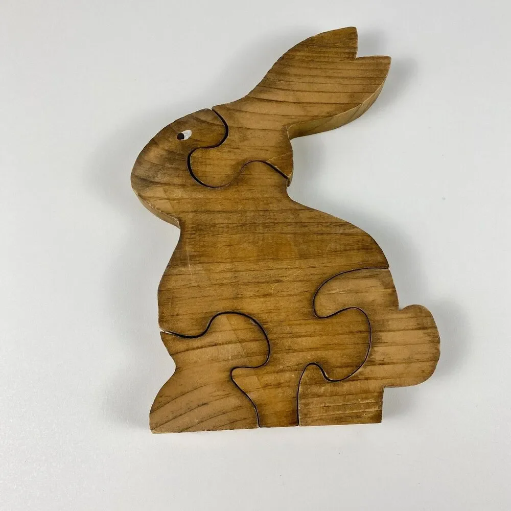 VTG Handmade Stained Wooden Bunny Jigsaw Puzzle Figurine Retro Decor 9